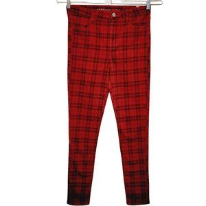 American Eagle Womens 14  Next Level Stretch Hi-Rise Jegging Red Christmas Plaid